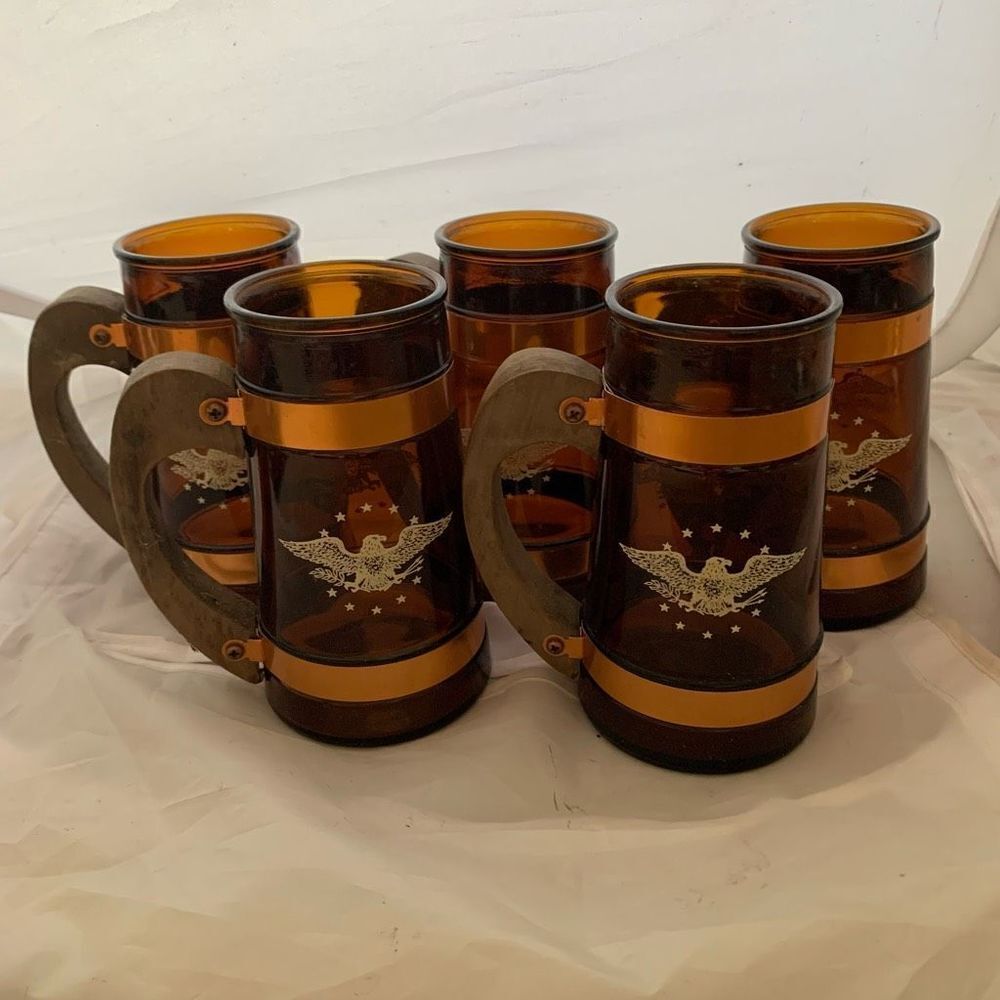 Vintage Siesta Ware Amber Glass Patriotic Eagle Wooden Handle Mug Stein Set of 5